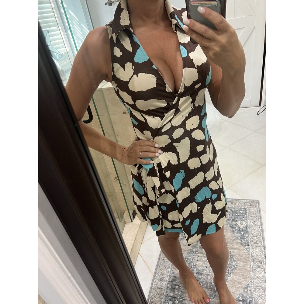 Diane Von Furstenberg St Jude Nude Brown Teal Silk Wrap Dress 4 HEMMED Short